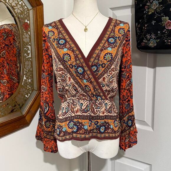 Free People Rosalie Brown, Orange Floral Paisley Long Bell Sleeve Faux Wrap Top - Picture 1 of 8